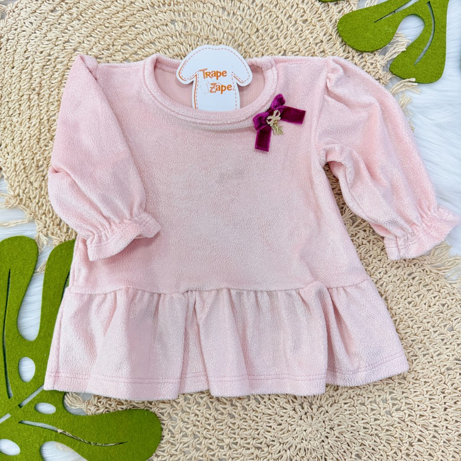 Vestido Manga Longa em Plush Foil com Lacinho e Brilhos - Rose
